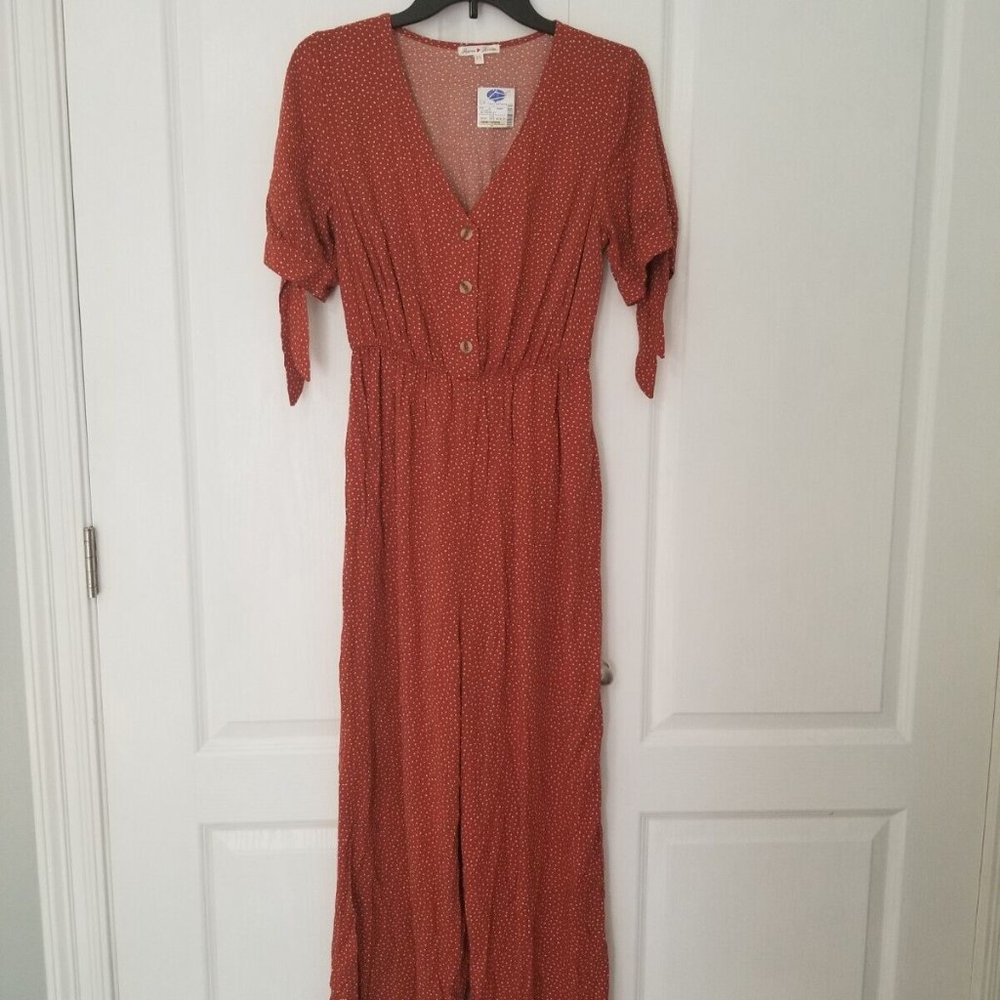 NWT Haven Hearts Jumpsuit Size Medium Rust White Polka Dot Tie Sleeve Buttons